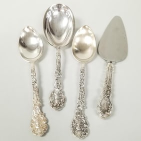 4 Lg Gorham Versailles sterling serving pcs incl 3 spoons & 10"pie server- 9 troy oz. weighable with