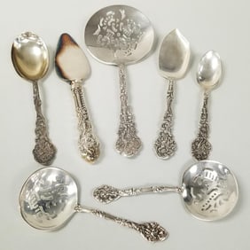 7 Gorham Versailles sterling silver flatware/ serving pcs incl 7 1/2" tomato server- 7 troy oz