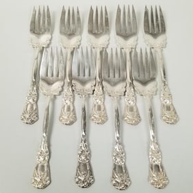 9 Durgin Iris sterling silver forks 6 1/4"L- 10 troy oz total