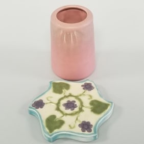 2 Rookwood pottery pieces incl trivet 1927- 6 1/4" H 5/8"D & mauve incised vase 1928- 5 1/4"H 3