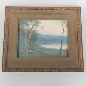 Rookwood framed scenic vellum plaque Fred Rothenbusch with initials on front with original title on