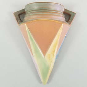 Roseville Futura tan wall pocket w/ sticker on reverse- 8"H 6 1/2"W 2 1/4"D