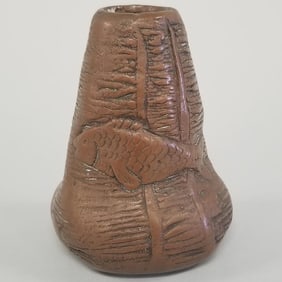Clewell copper clad Weller fish vase impressed Weller- 3 3/4"H 3"D