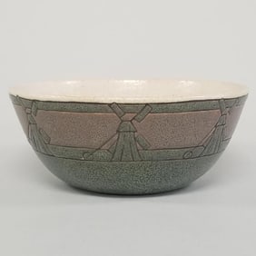 S.E.G.(Saturday Evening Girls) bowl w/ seven incised windmills in green & brown, artist signed RH