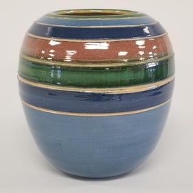 University of North Dakota (UND) School of Mines striped vase Tobiason (1/4" glaze scratch) 6"H 6"D