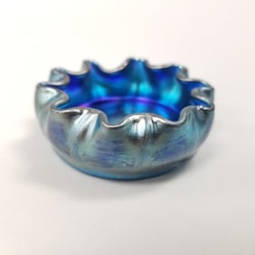 Tiffany signed LCT Favrile ruffled rim low cabinet art glass dish/ salt- 1"H 3"D