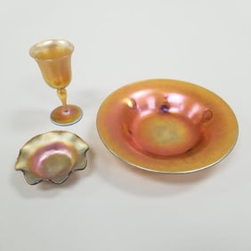 3 Aurene signed art glass pieces: low footed bowl #2625- 1 1/4"H 6 1/8"W, cordial #206- 3 11/16"H 1