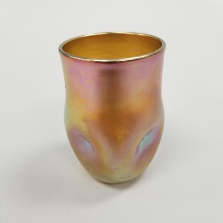 Quezal signed dimpled cabinet vase- 3"H 2 1/4"D: Quezal signed dimpled cabinet vase- 3"H 2 1/4"D