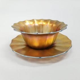 2 Quezal signed art glass pieces: bowl #677 with "M" & underplate- 1 1/2"H 6"D