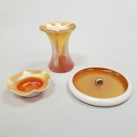 3 art glass pieces including ruffled rim vase signed KEW BLAS- 4 1/2"H 3 1/2"D, low dish with