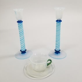 Fry Foval art glass pieces: pair of candlesticks 10 5/8"H & cup & saucer