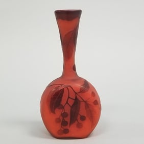 Galle antique 2 color art glass bottle vase with bittersweet design- 5 3/4"H