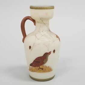 Antique Webb unsigned handled vase with spider web & bird design- 5 3/4"H