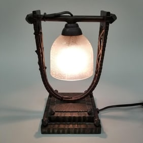 Antique Art Nouveau boudoir lamp with Daum Nancy France crystal shade- Edgar Brandt ironwork ?- 9"H