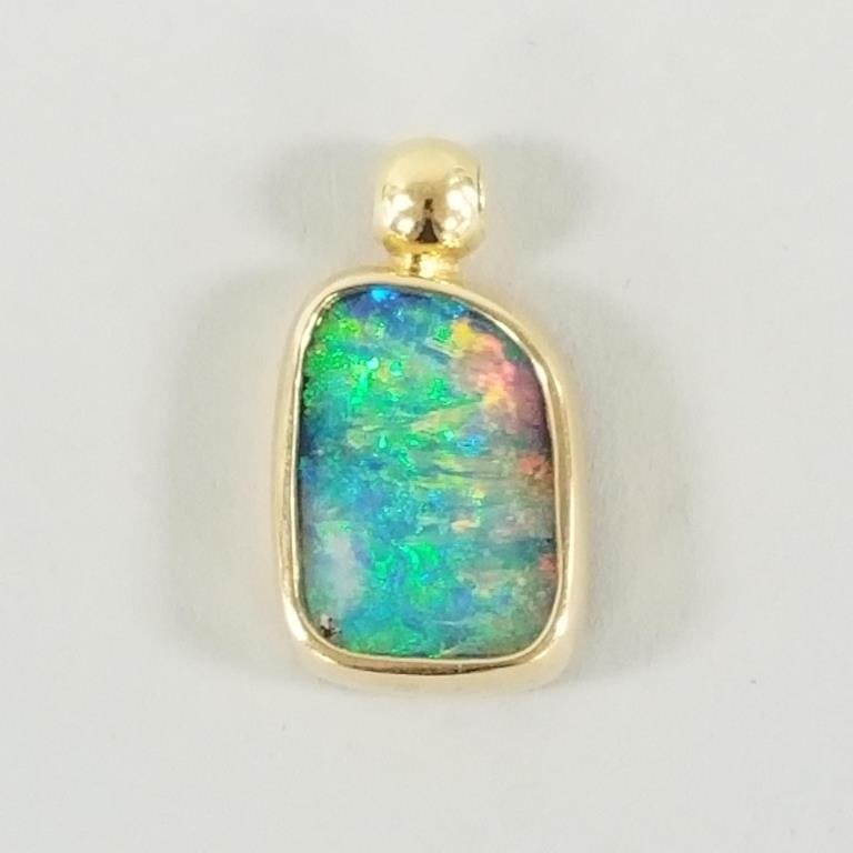 Tested 18K gold & opal pendant 7.5, 1 1/8" total length (opal has intense blue, green, orange/ red (1 of 12)
