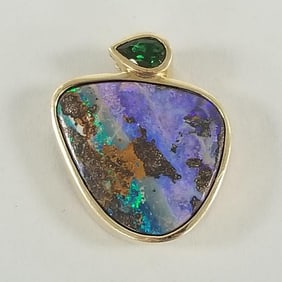 Tested 18K gold & boulder opal pendant w/ chrome tourmaline 14.3 g- 1" total length