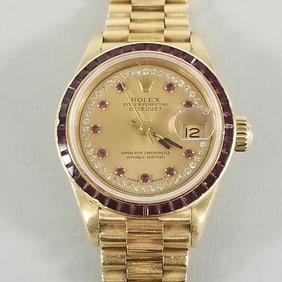 Rolex 18K gold Oyster Perpetual Datejust ladies wristwatch w/ diamond & ruby accents 75.6 g total