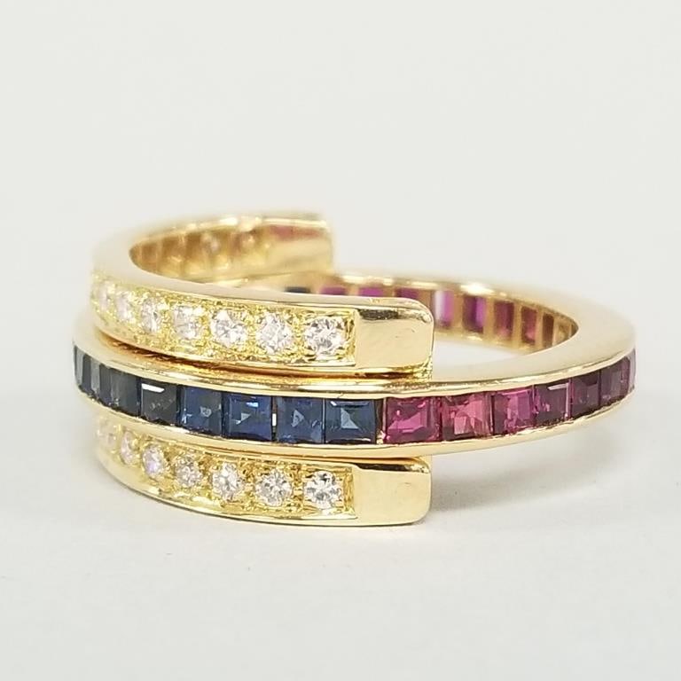 18K gold diamond, sapphire & ruby convertible ring 9.2 g, approx 0.50 tcw diamonds, size 8 1/2 (1 of 9)