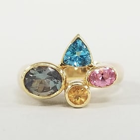18K gold artisan ring set with 4 colored gemstones incl alexandrite & tourmalines, 10.8 g, size 8