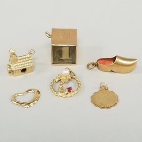 Six- 14k gold charms incl "Mad Money" box, etc- 10.6g total