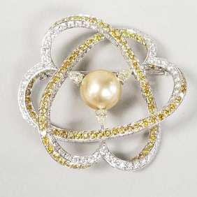 Mikimoto 18K white gold, diamond & golden pearl brooch- 8.35 tcw natural yellow & white diamonds,