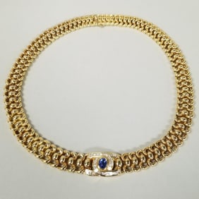 Italian 18K gold, sapphire & diamond necklace- 142 grams- 6x7mm sapphire, 32 diamonds- 16"L with 4