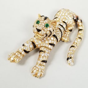 18K gold articulated tiger pin w/ diamonds, black enamel & emerald eyes- 37.5 grams- 2 5/8"L