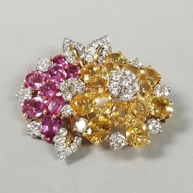 18K gold yellow & pink sapphire floral brooch w/ over 2 tcw natural diamonds- 18.7 grams- 1 1/2"