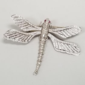 18K white gold, platinum & diamond tremblant dragonfly pin with ruby eyes 27.6 grams- 2 1/8"L 2
