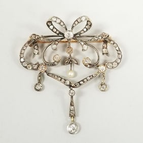 Tested 18K gold, silver, diamond & pearl Belle Epoque brooch- 10.7 grams