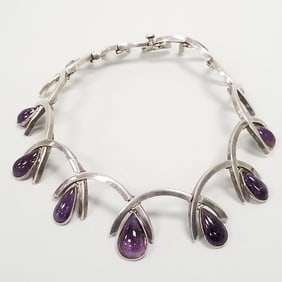 Antonio Pineda sterling silver collar w/ amethyst drops- 165 grams- 15" interior circumference-