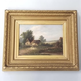 Percy (?) framed signed oil painting on canvas (as seen- craquelure) 19"H 23"W OD