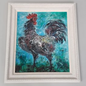 Vu Cao Dam framed signed oil painting on canvas: rooster- 27 1/2"H 24"W