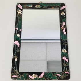 Oriental lacquered mirror with water lily motif- 24"H 36"W