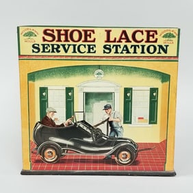 Advertising tin litho Woodlawn Mills Shoe Lace Service display with automobile graphics 11"H 11"W