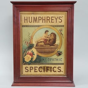 Antique Humphrey's tin litho & cherrywood specifics cabinet- 27 3/4"H 21"W 10"D