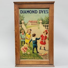Antique Diamond Dye tin litho (front & back) & wood cabinet- Mansion & children playing- 24 1/2"H