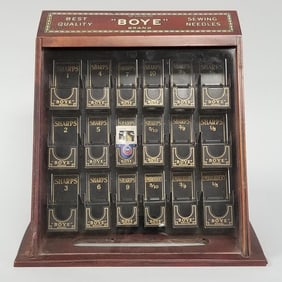 Antique Boye wooden & tin needle case- 12"H 12"W 7"D