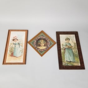 3 antique advertising framed lithos children- 34"H 19 1/2"W largest