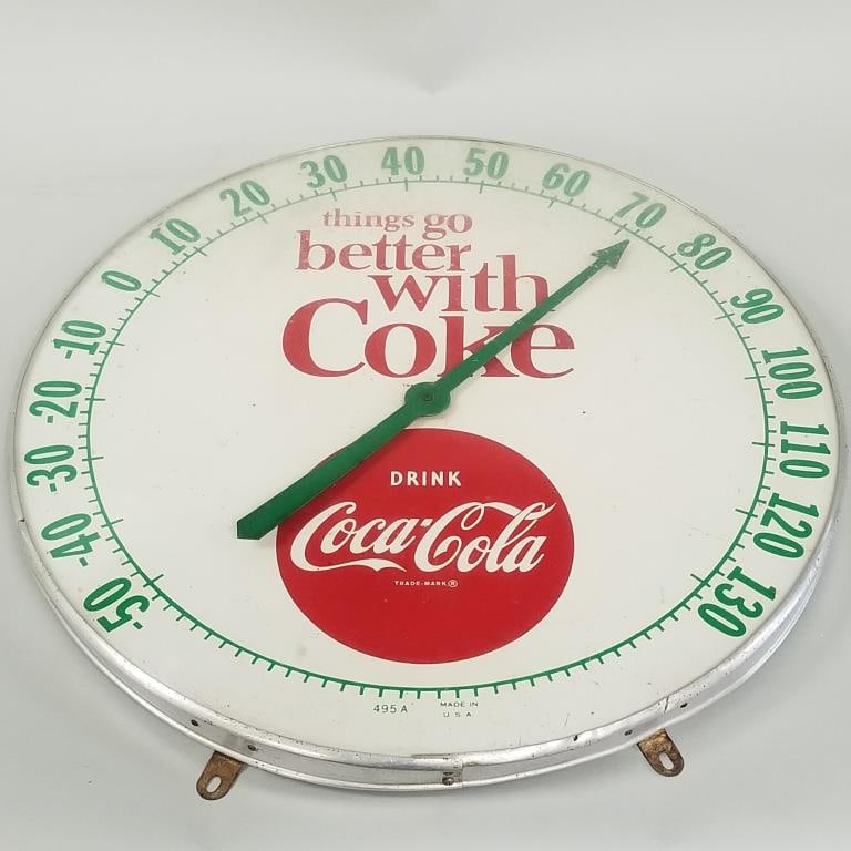 Vintage Coca Cola advertising thermometer "Things Go Better with Coke" 18"Dia 2 1/2"D (1 of 9)