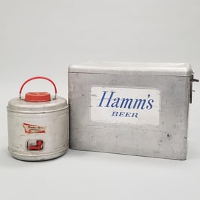 Vintage Hamm's Beer aluminum cooler with Feather Flite aluminum jug- cooler 16"H 22"W 13"D