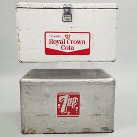 2 vintage soda coolers: 7Up & Royal Crown Cola- 13 1/2"H 22"W 13"D largest