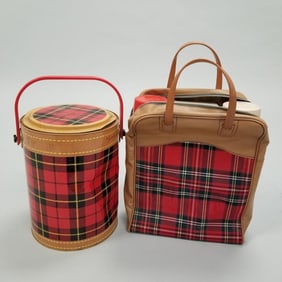 Gp vintage Scotch plaid picnic items: tin cooler & a thermos picnic set (as seen- some dents)
