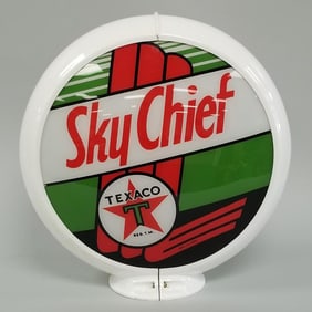 Texaco gas globe dated May 14, 1984: Fire Chief / Sky Chief 16 1/2"H 16"W 6"D- reverse painted glass