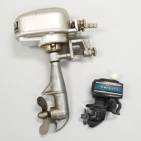 2 vintage toy outboard motors: 4 3/4" IMP for International Models & a 2" plastic Mercury