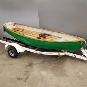 Wooden strip row boat by Brooks Boats- Mount Desert Island: 10' 4"L w/ Shoreland'R trailer & 5 Shaw