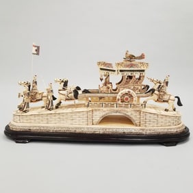 Lg ornately carved bone sculpture of a Chinese horse drawn carriage on bridge w/ figures on wood