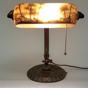 Handel student/ desk lamp with palms & sun shade #6976; base & shade signed (shade cracked at bolt)
