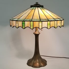 Antique Arts & Crafts lamp with stained & leaded glass shade- 20 1/2"H overall 16 3/8"D