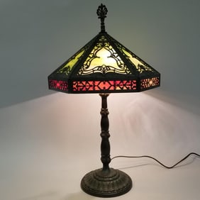 Antique bronze base table lamp w/ slag glass lamp- 30"H overall 18 1/2"W shade